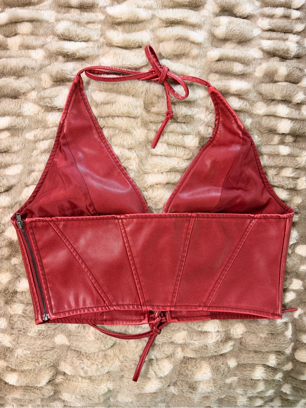 silence + noise Wine Red Lace-Up Vegan Leather Halter Top - Picture 4 of 4